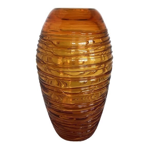 Eastern Beehive Art Glass Vase Honey Amber Hand Blown String Thread Overlay VTG - Picture 7 of 16